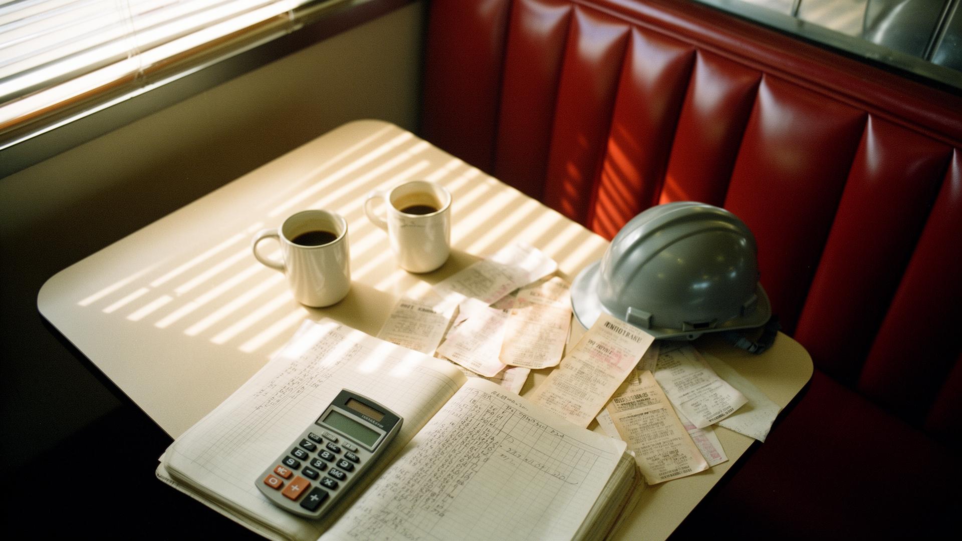 Coffee, hard hat, and ledger in a diner booth